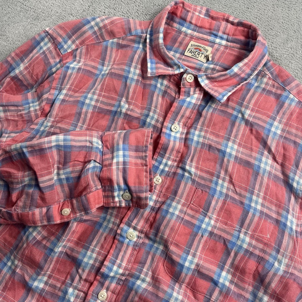 Faherty Coral Red and Light Blue Plaid Button-Down Shirt